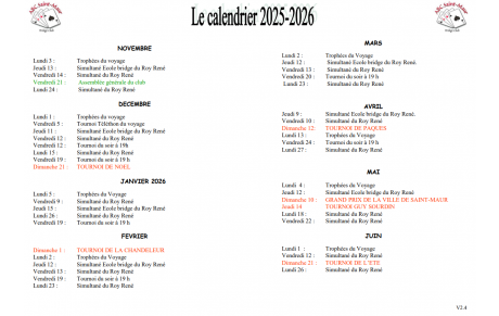 Le calendrier de la saison 2025-2026