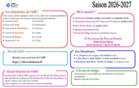 Les activités du club pour la saison 2026-2027